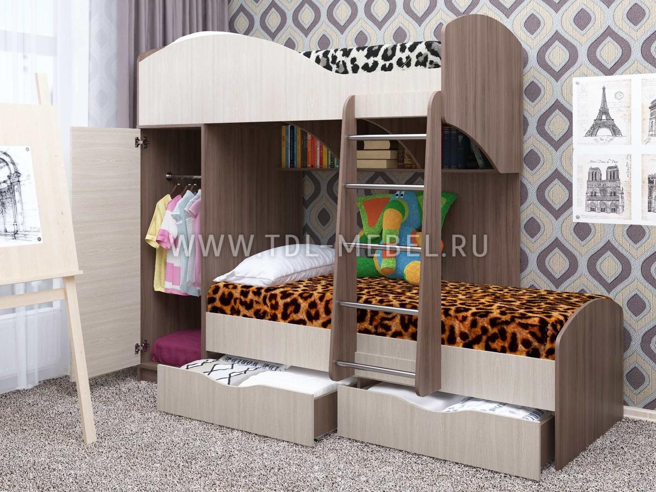 Двухъярусная кровать со шкафом, варианты исполнения и расположения элементов